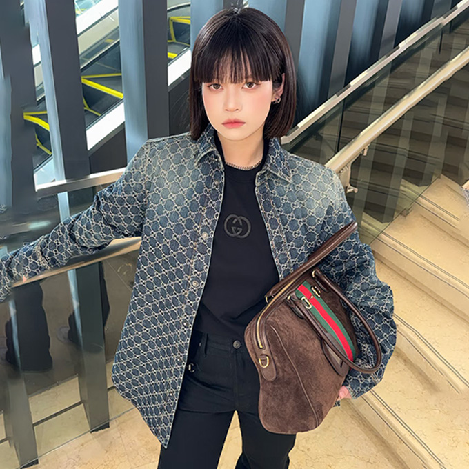 gucci gg allover printed washed jacquard denim shirt